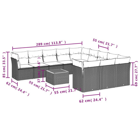 12-tlg. Garten-Sofagarnitur mit Kissen Grau Poly Rattan