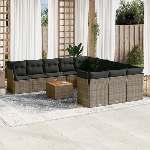 12-tlg. Garten-Sofagarnitur mit Kissen Grau Poly Rattan