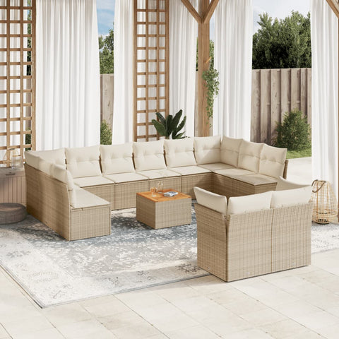 13-tlg. Garten-Sofagarnitur mit Kissen Beige Poly Rattan