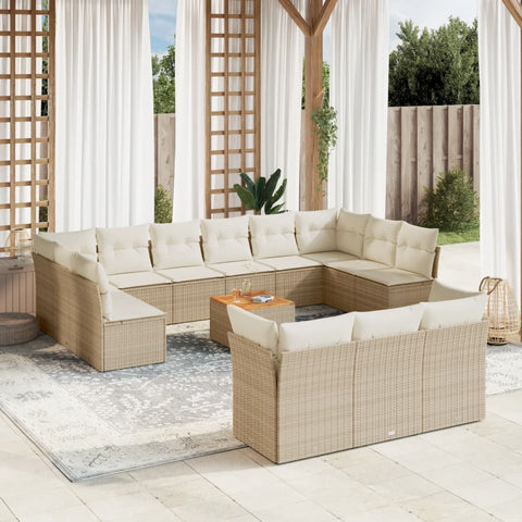 14-tlg. Garten-Sofagarnitur mit Kissen Beige Poly Rattan