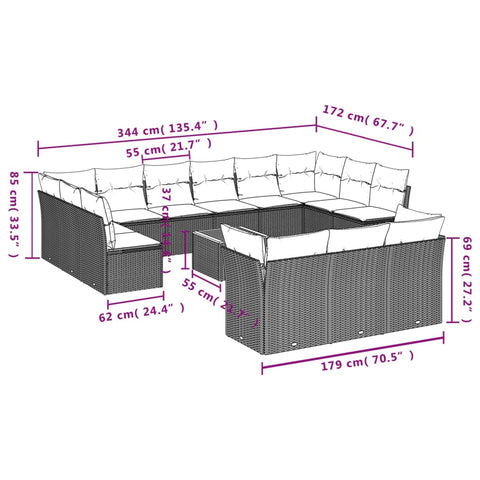 14-tlg. Garten-Sofagarnitur mit Kissen Grau Poly Rattan