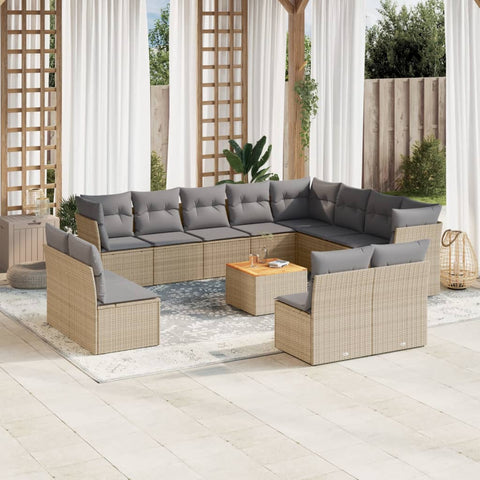 13-tlg. Garten-Sofagarnitur mit Kissen Beige Poly Rattan