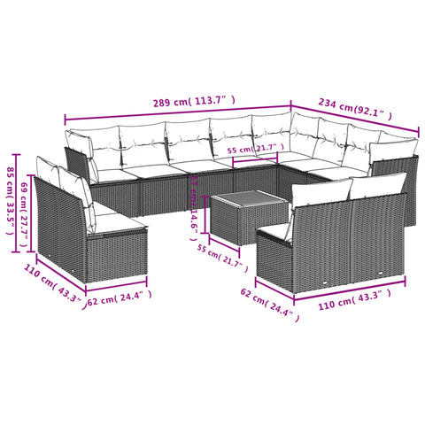 13-tlg. Garten-Sofagarnitur mit Kissen Grau Poly Rattan