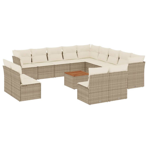 14-tlg. Garten-Sofagarnitur mit Kissen Beige Poly Rattan