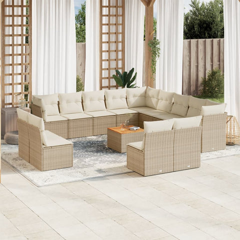 14-tlg. Garten-Sofagarnitur mit Kissen Beige Poly Rattan