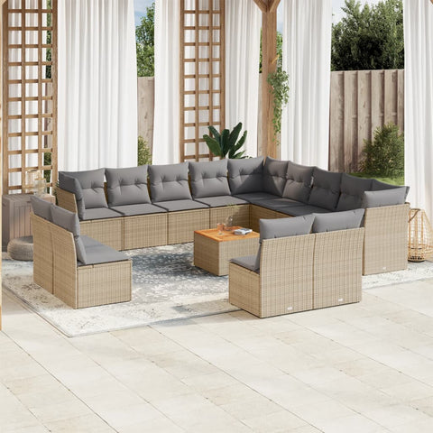 14-tlg. Garten-Sofagarnitur mit Kissen Beige Poly Rattan