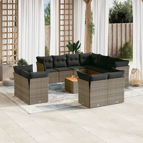 12-tlg. Garten-Sofagarnitur mit Kissen Grau Poly Rattan