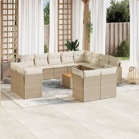 13-tlg. Garten-Sofagarnitur mit Kissen Beige Poly Rattan