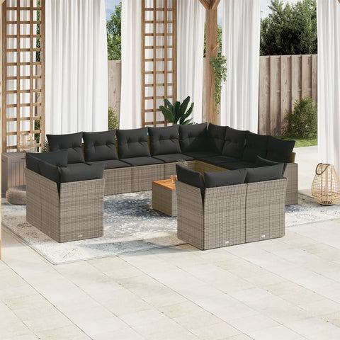 13-tlg. Garten-Sofagarnitur mit Kissen Grau Poly Rattan