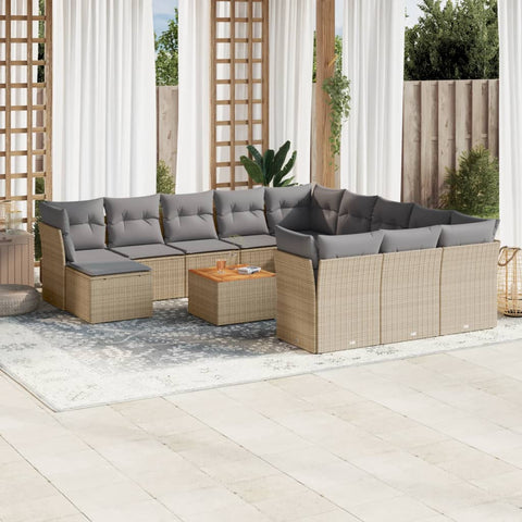 13-tlg. Garten-Sofagarnitur mit Kissen Beige Poly Rattan