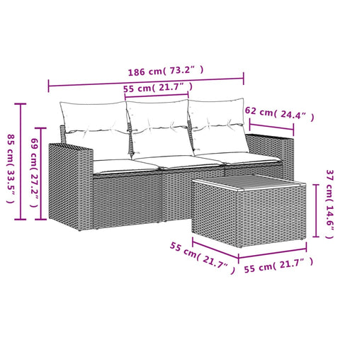 4-tlg. Garten-Sofagarnitur mit Kissen Grau Poly Rattan