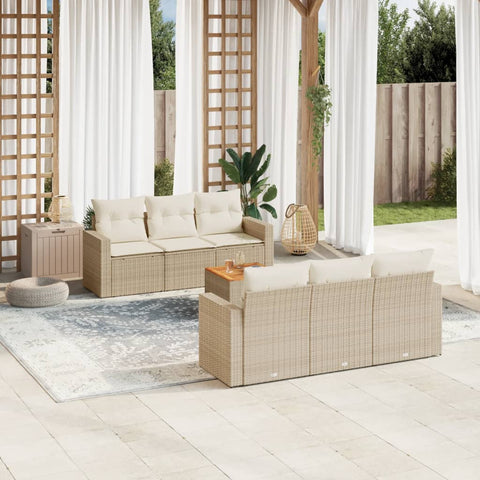 7-tlg. Garten-Sofagarnitur mit Kissen Beige Poly Rattan