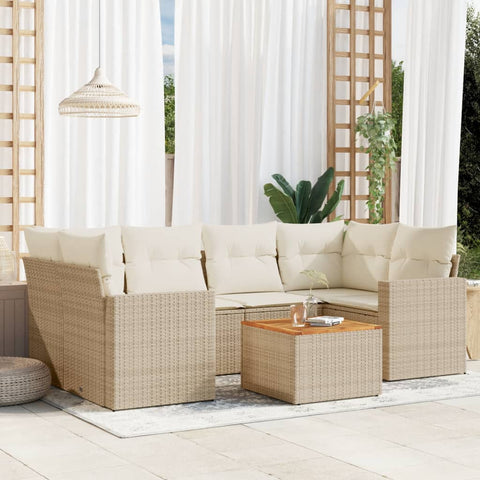 7-tlg. Garten-Sofagarnitur mit Kissen Beige Poly Rattan