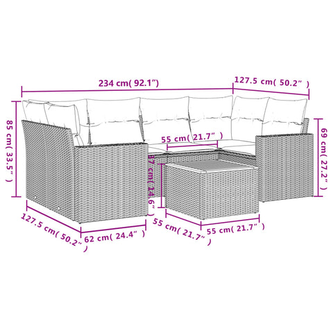 7-tlg. Garten-Sofagarnitur mit Kissen Grau Poly Rattan