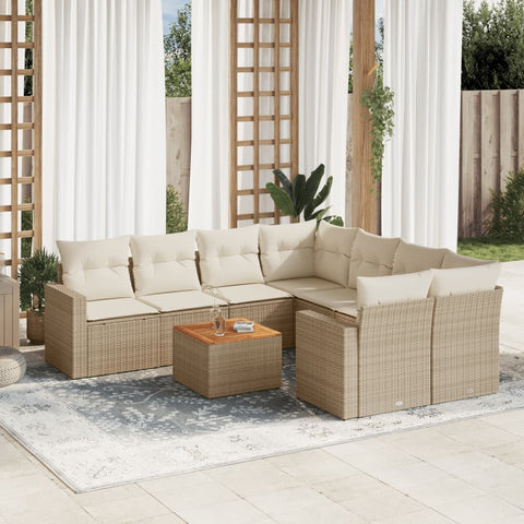 9-tlg. Garten-Sofagarnitur mit Kissen Beige Poly Rattan