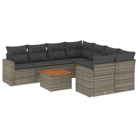 9-tlg. Garten-Sofagarnitur mit Kissen Grau Poly Rattan