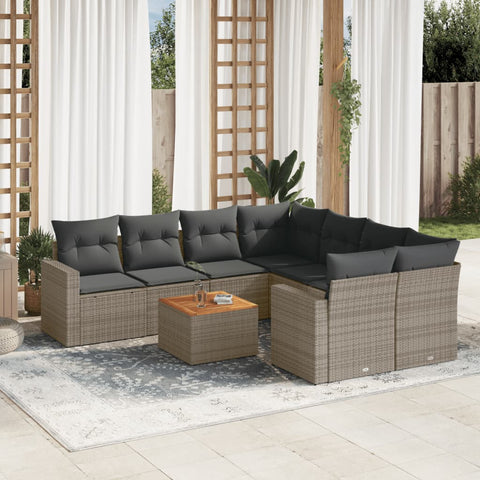 9-tlg. Garten-Sofagarnitur mit Kissen Grau Poly Rattan