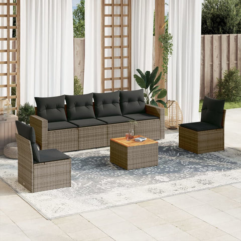 7-tlg. Garten-Sofagarnitur mit Kissen Grau Poly Rattan