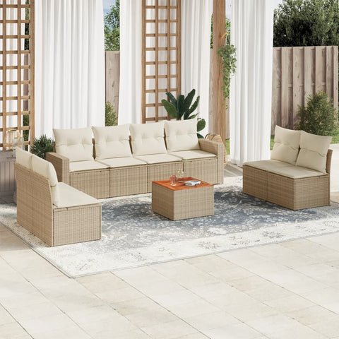 9-tlg. Garten-Sofagarnitur mit Kissen Beige Poly Rattan