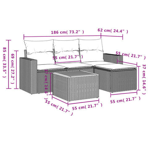 5-tlg. Garten-Sofagarnitur mit Kissen Beige Poly Rattan