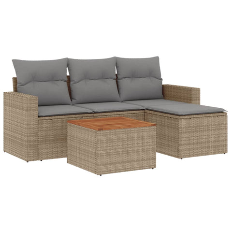 5-tlg. Garten-Sofagarnitur mit Kissen Beige Poly Rattan