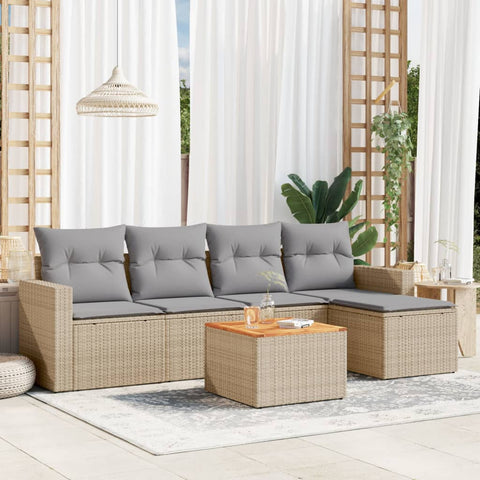 6-tlg. Garten-Sofagarnitur mit Kissen Beige Poly Rattan