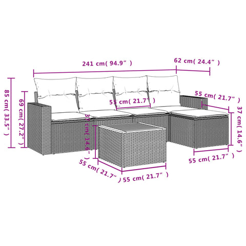 6-tlg. Garten-Sofagarnitur mit Kissen Grau Poly Rattan