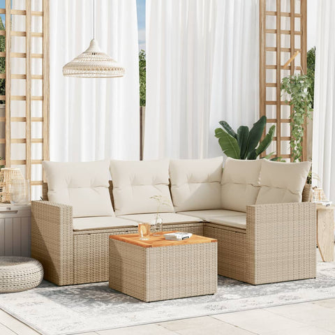 5-tlg. Garten-Sofagarnitur mit Kissen Beige Poly Rattan