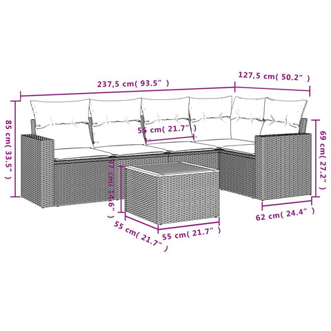 6-tlg. Garten-Sofagarnitur mit Kissen Beige Poly Rattan