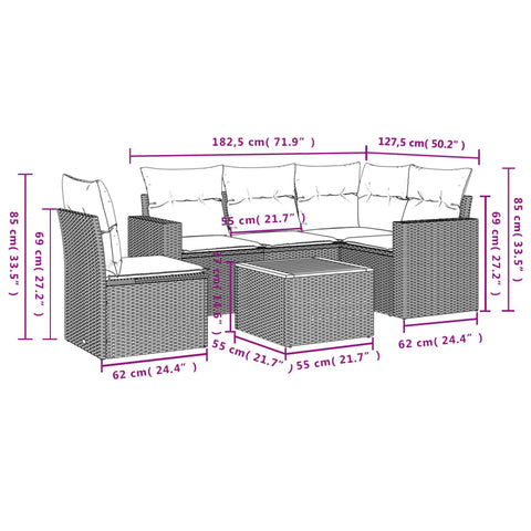 6-tlg. Garten-Sofagarnitur mit Kissen Grau Poly Rattan