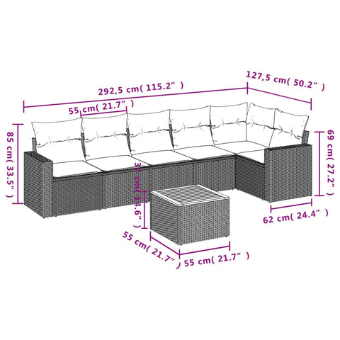 7-tlg. Garten-Sofagarnitur mit Kissen Grau Poly Rattan