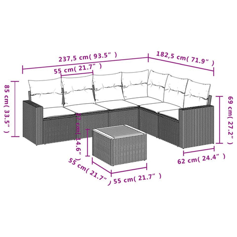 7-tlg. Garten-Sofagarnitur mit Kissen Grau Poly Rattan