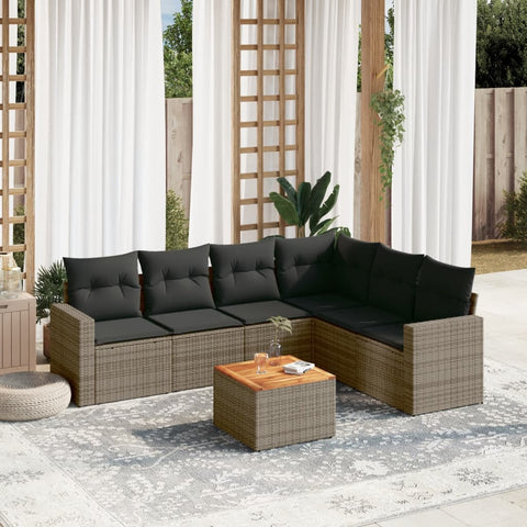 7-tlg. Garten-Sofagarnitur mit Kissen Grau Poly Rattan