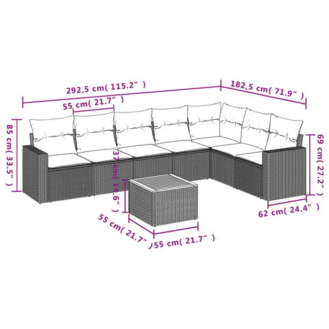 8-tlg. Garten-Sofagarnitur mit Kissen Grau Poly Rattan