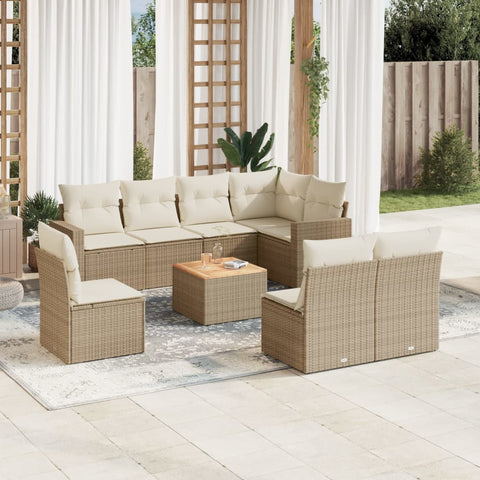 9-tlg. Garten-Sofagarnitur mit Kissen Beige Poly Rattan