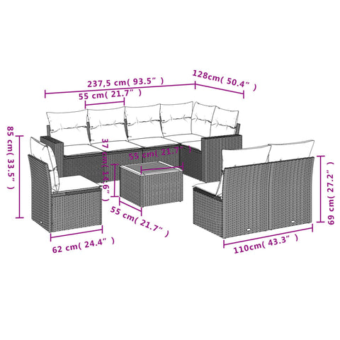 9-tlg. Garten-Sofagarnitur mit Kissen Grau Poly Rattan