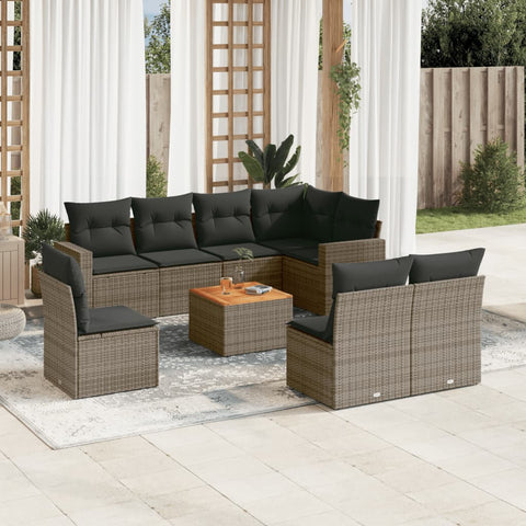 9-tlg. Garten-Sofagarnitur mit Kissen Grau Poly Rattan