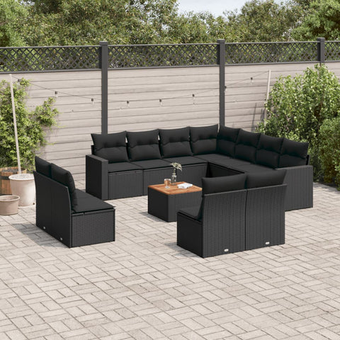 12-tlg. Garten-Sofagarnitur mit Kissen Schwarz Poly Rattan