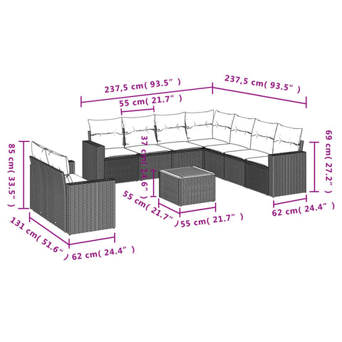 10-tlg. Garten-Sofagarnitur mit Kissen Grau Poly Rattan