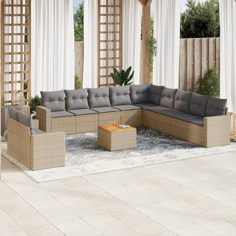 12-tlg. Garten-Sofagarnitur mit Kissen Beige Poly Rattan