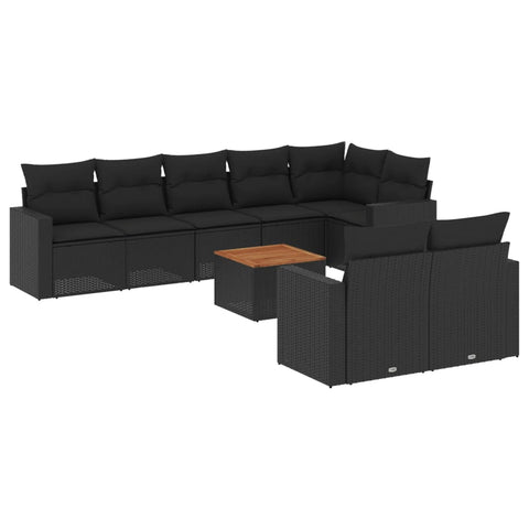 9-tlg. Garten-Sofagarnitur mit Kissen Schwarz Poly Rattan