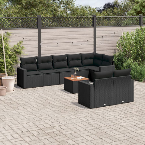 9-tlg. Garten-Sofagarnitur mit Kissen Schwarz Poly Rattan