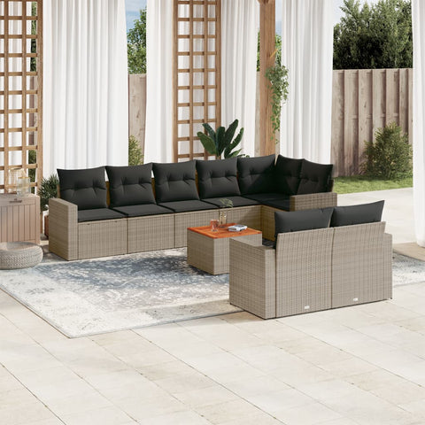 9-tlg. Garten-Sofagarnitur mit Kissen Grau Poly Rattan