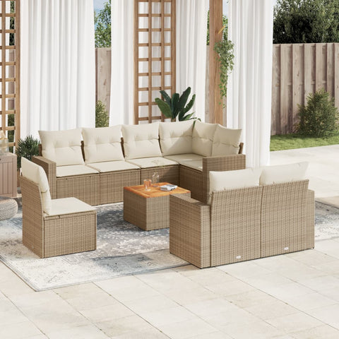 9-tlg. Garten-Sofagarnitur mit Kissen Beige Poly Rattan