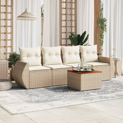 5-tlg. Garten-Sofagarnitur mit Kissen Beige Poly Rattan