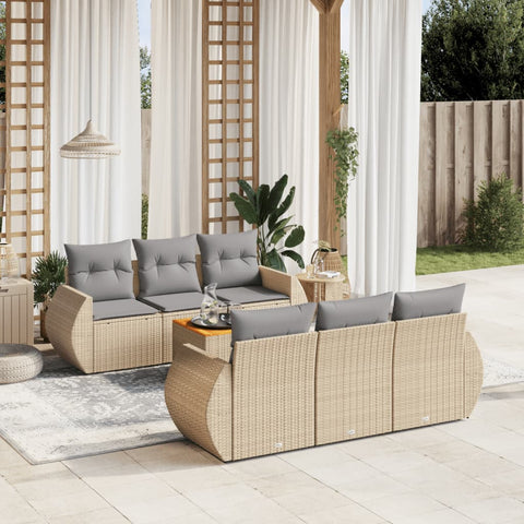 7-tlg. Garten-Sofagarnitur mit Kissen Beige Poly Rattan