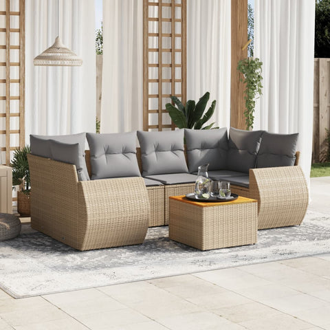 7-tlg. Garten-Sofagarnitur mit Kissen Beige Poly Rattan