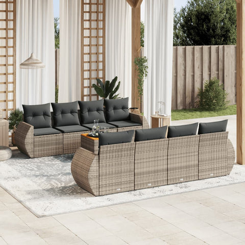 9-tlg. Garten-Sofagarnitur mit Kissen Grau Poly Rattan