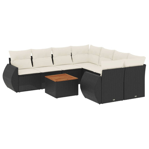 9-tlg. Garten-Sofagarnitur mit Kissen Schwarz Poly Rattan