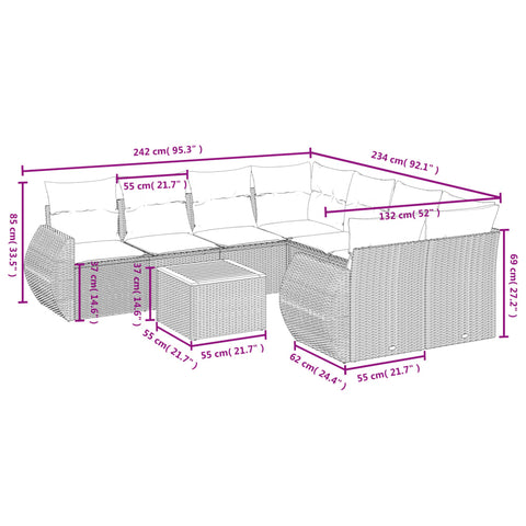 9-tlg. Garten-Sofagarnitur mit Kissen Schwarz Poly Rattan